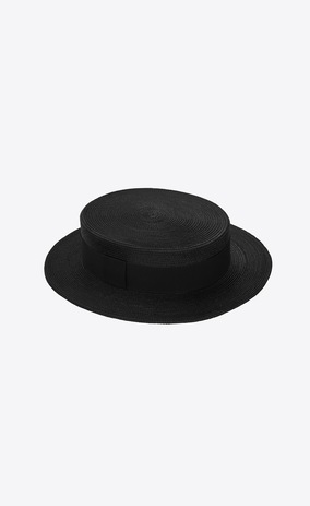 SAINT LAURENT Hats Woman Boater hat in braided straw with a black ribbon a_V4